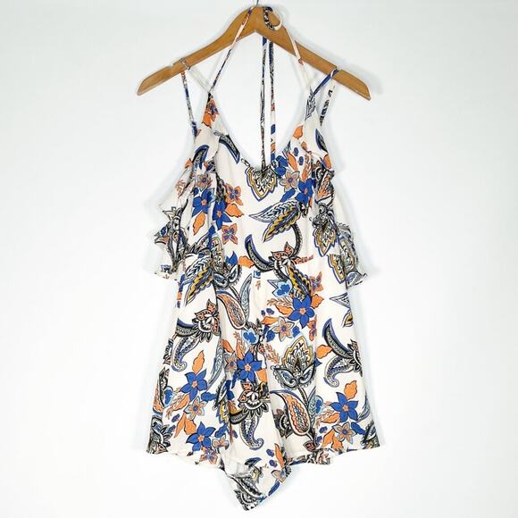 Ark & Co Boho Paisley Floral Print Ruffle Shorts Romper Cream Blue Orange - Picture 2 of 14